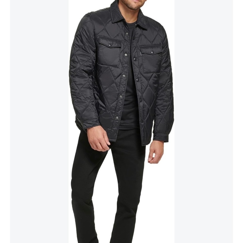 Calvin Klein Quilted Shirt Jacket Mens Large Black Snap Front Puffer Lightweight